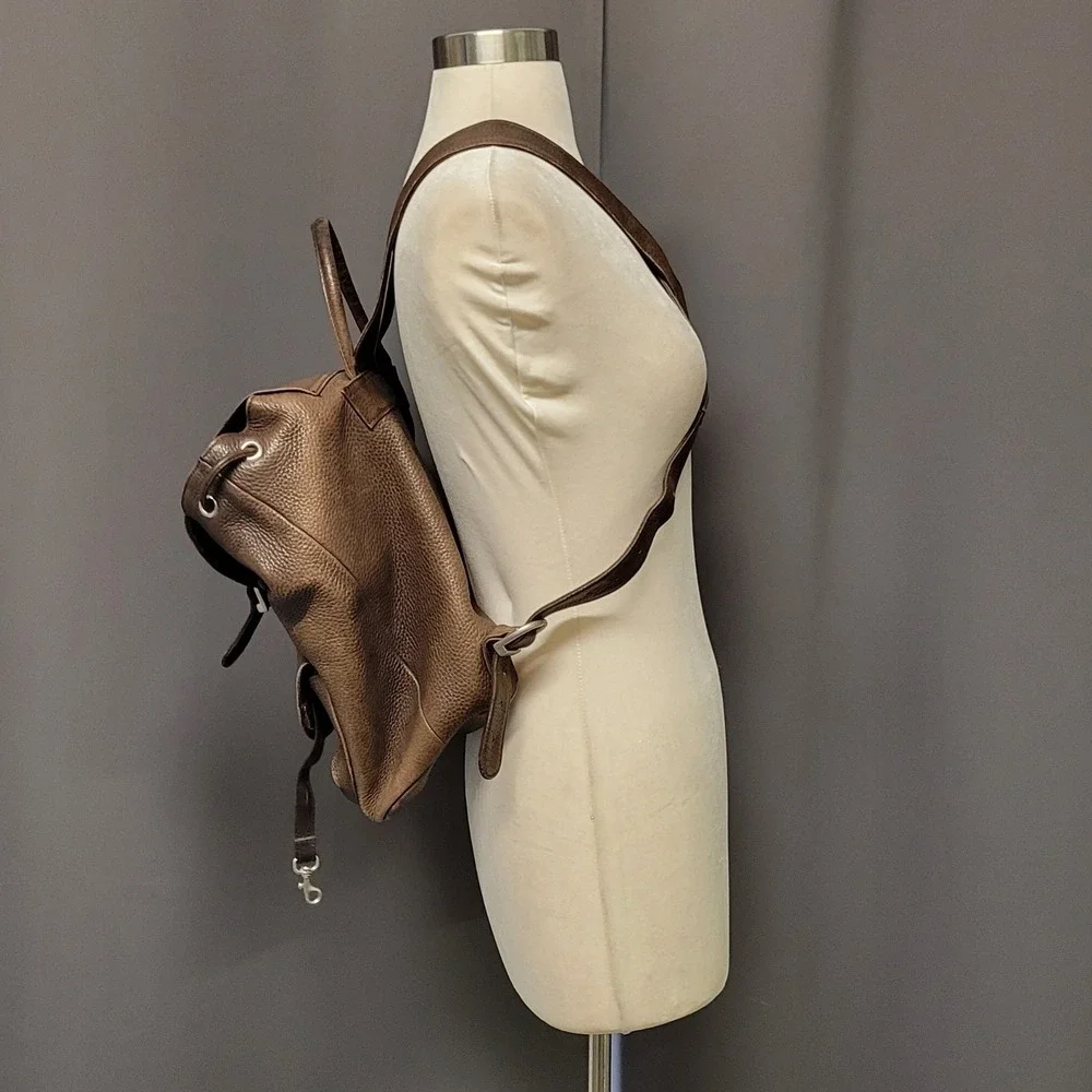Vintage 90s y2k‎ Backpack Brown Pebbled Genuine Leather Drawstring OS